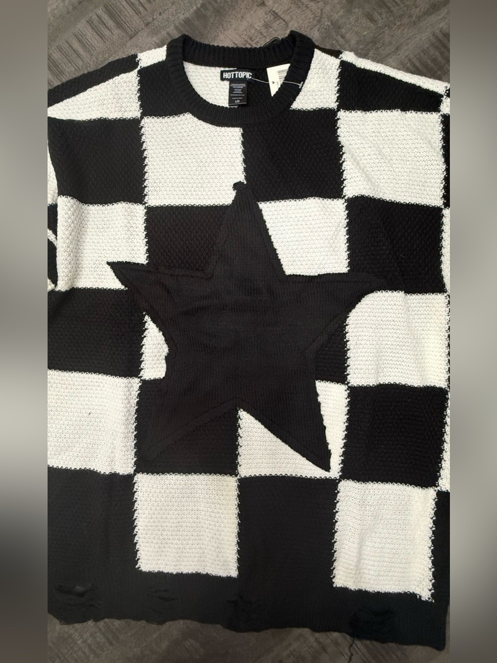 Hot Topic Black and White Checkerboard Star Crewneck Sweater - Picture 2 of 6